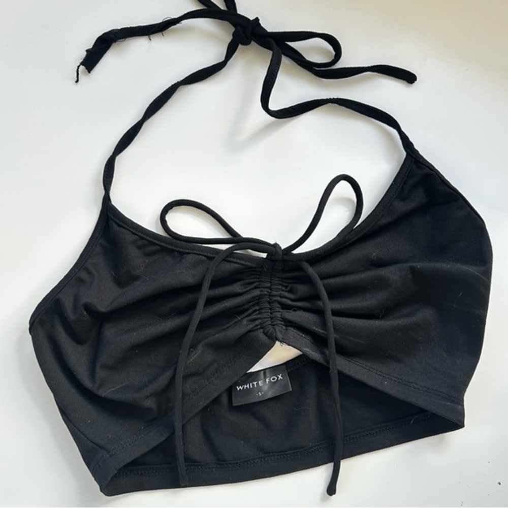 White Fox Ruched Halter Crop Top – Black, Size S
